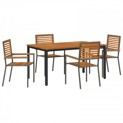 vidaXL 5-kusová záhradná jedálenská súprava Sivá Poly Rattan Akácia, vidaXL Stohovateľné záhradné stoličky s vankúšmi 2 ks Sivá Poly Rattan, vidaXL Záhradný stôl 150x90x75 cm Pevné drevo akácie a kov
